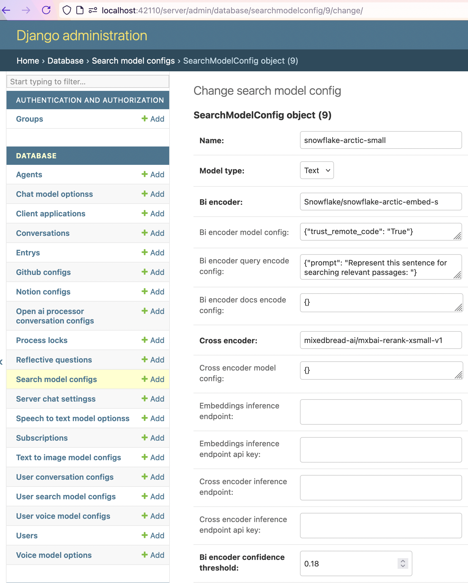 Example Search Model Settings